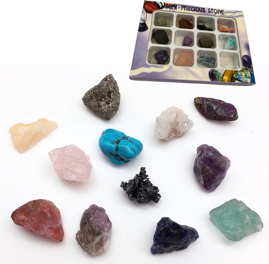 Cristaux et pierres précieuses brutes dans une boîte - Mix de 12 - Coffret cadeau - Pierres brutes et cristaux 20-30 mm