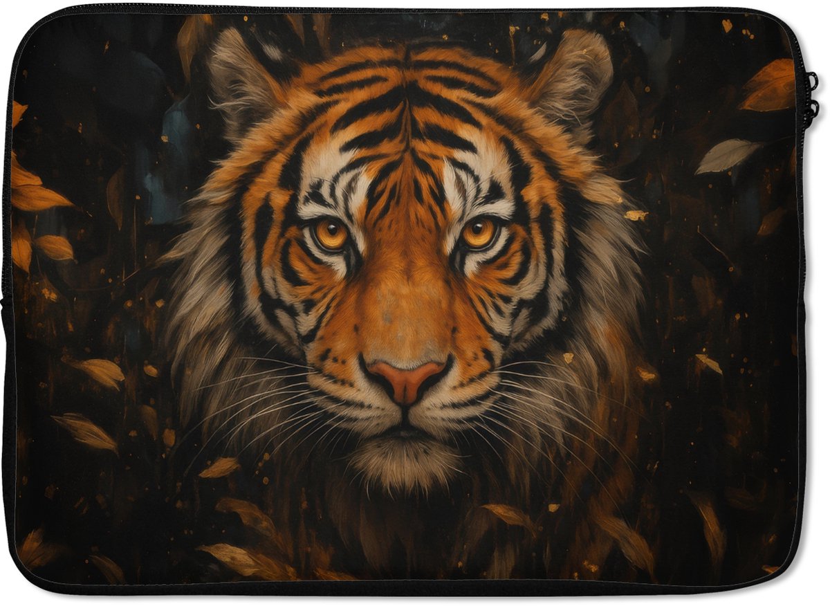 Laptophoes 14 inch - Bladeren - Tijger - Oranje - Laptop sleeve - Binnenmaat 33x23 cm - Zwarte achterkant