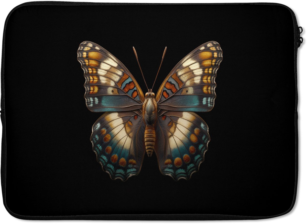 Laptophoes 14 inch - Vlinder - Kleurrijk - mozaïekachtig - Laptop sleeve - Binnenmaat 33x23 cm - Zwarte achterkant