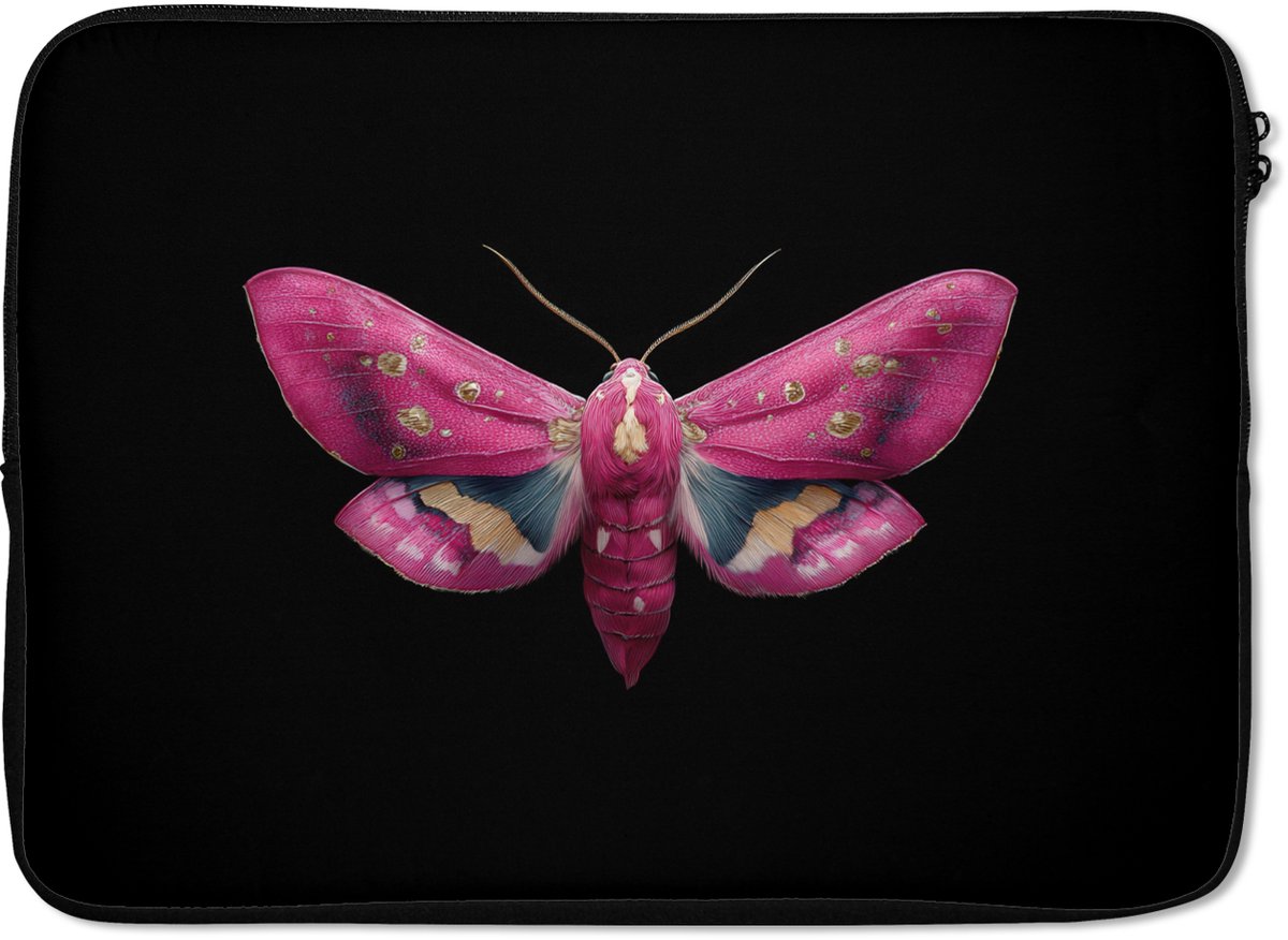 Laptophoes 14 inch - Vlinder - Roze - Nachtvlinder - Laptop sleeve - Binnenmaat 33x23 cm - Zwarte achterkant