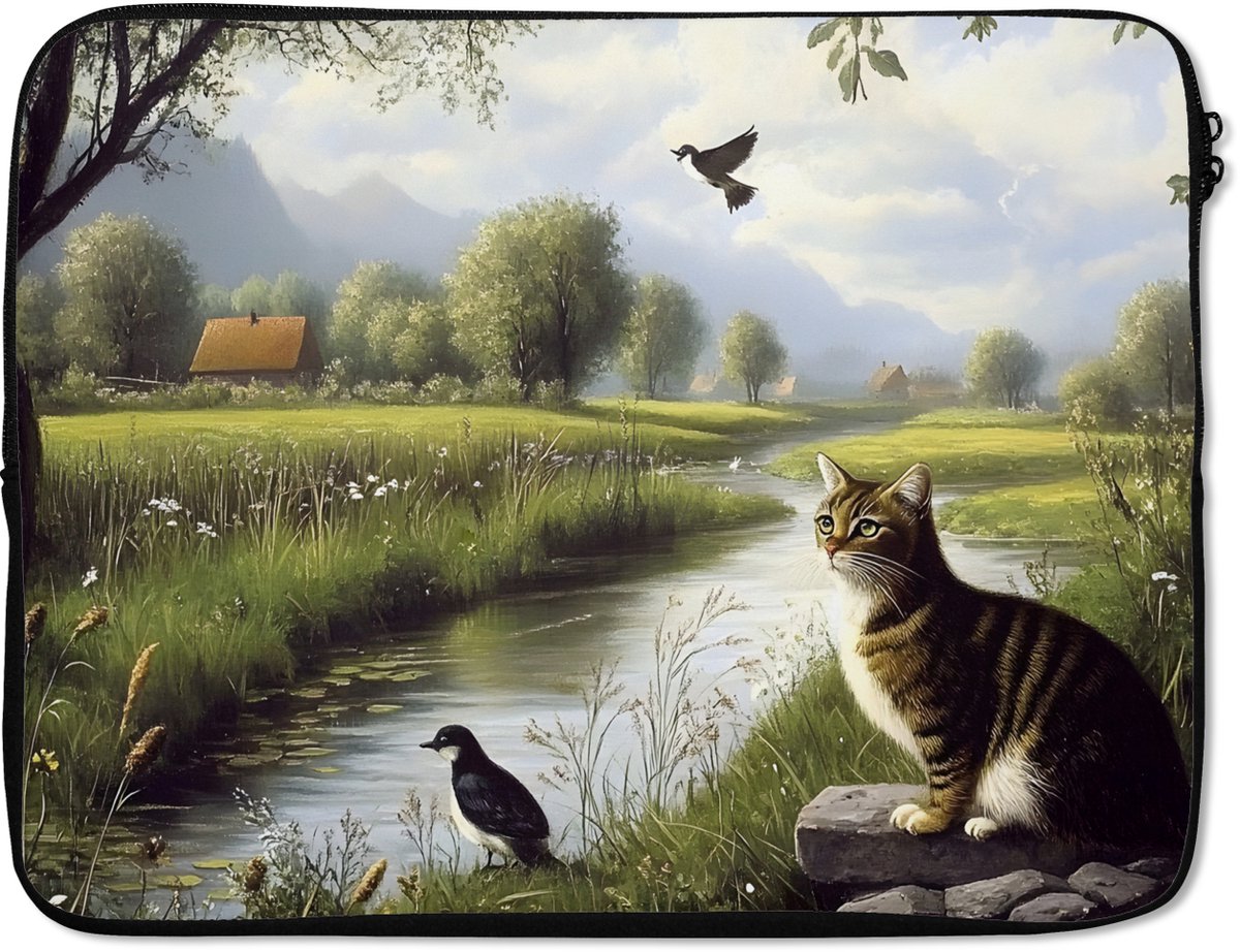 Laptophoes 17 inch - Kat - Beekje - Weide - Laptop sleeve - Binnenmaat 41x28 cm - Zwarte achterkant