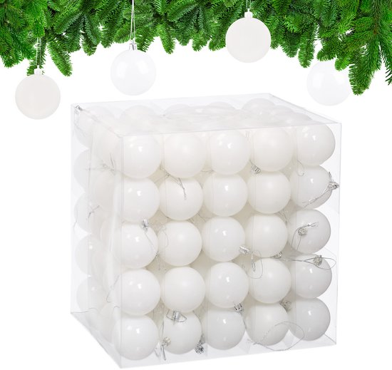 Une boîte transparente contenant 100 boules de Noël blanches.