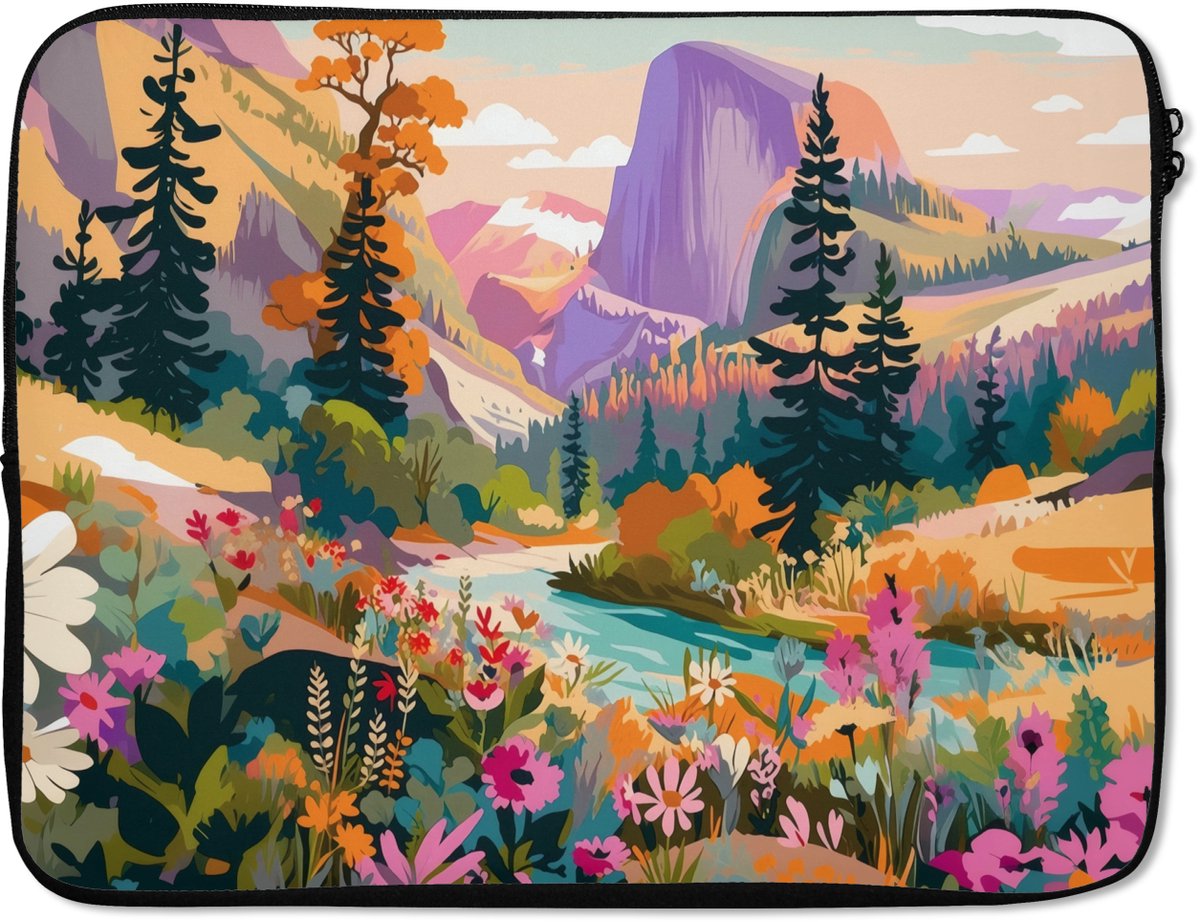 Laptophoes 15.6 inch - Rivier - Vallei vol bloemen - Levendig - Laptop sleeve - Binnenmaat 37x26 cm - Zwarte achterkant