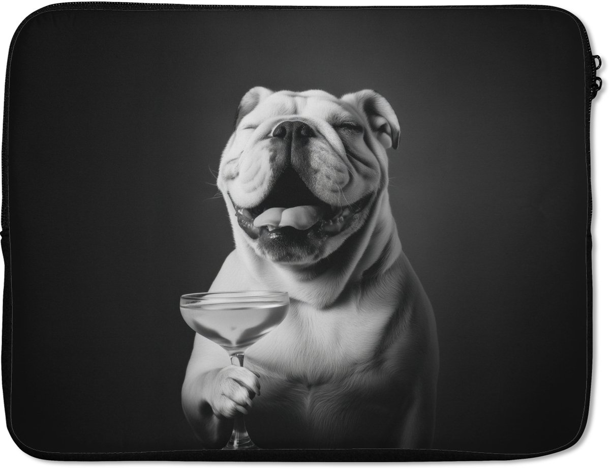 Laptophoes 15.6 inch - Buldog - Hond - Glas - Laptop sleeve - Binnenmaat 37x26 cm - Zwarte achterkant