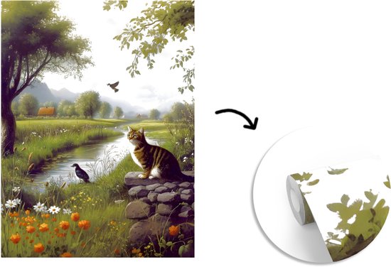 Behang - Fotobehang Kat - Beekje - Weide - Breedte 190 cm x hoogte 260 cm