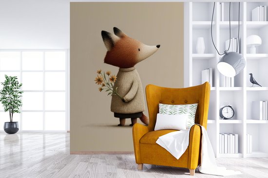Behang - Fotobehang Vos - Gele bloemen - Minimalistisch - Breedte 195 cm x hoogte 260 cm
