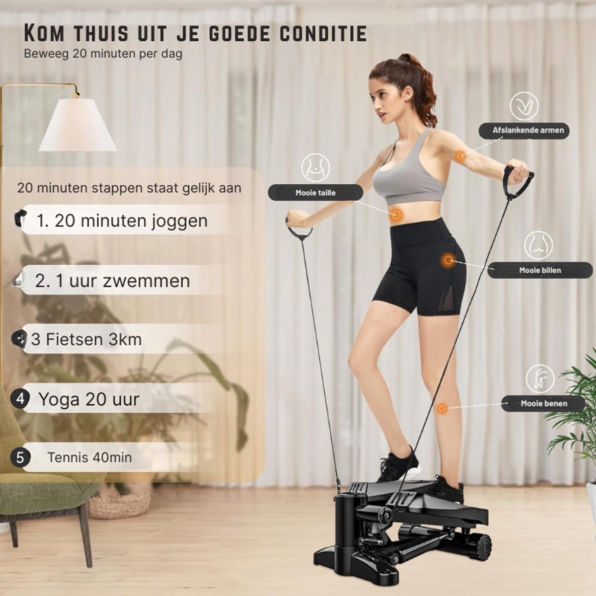 Fitness Stepper Voor Thuis – Inklapbaar, Max. 150 Kg, Met Display En Weerstandsbanden – Voor Cardio, Benen En Billen – Zwart