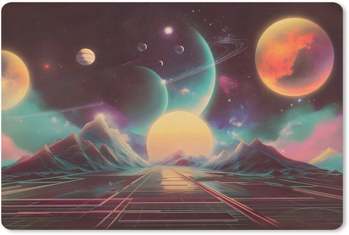 Muismat 27x18 cm - Mousepad Planeten - Neon - Berglandschap - Zon - Muismatten