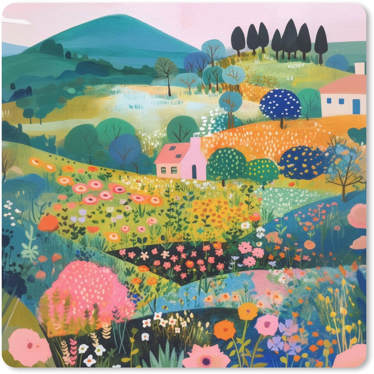 Muismat 30x30 cm - Mousepad Heuvellandschap - Fantasierijk - Kleurcontrasten - Muismatten