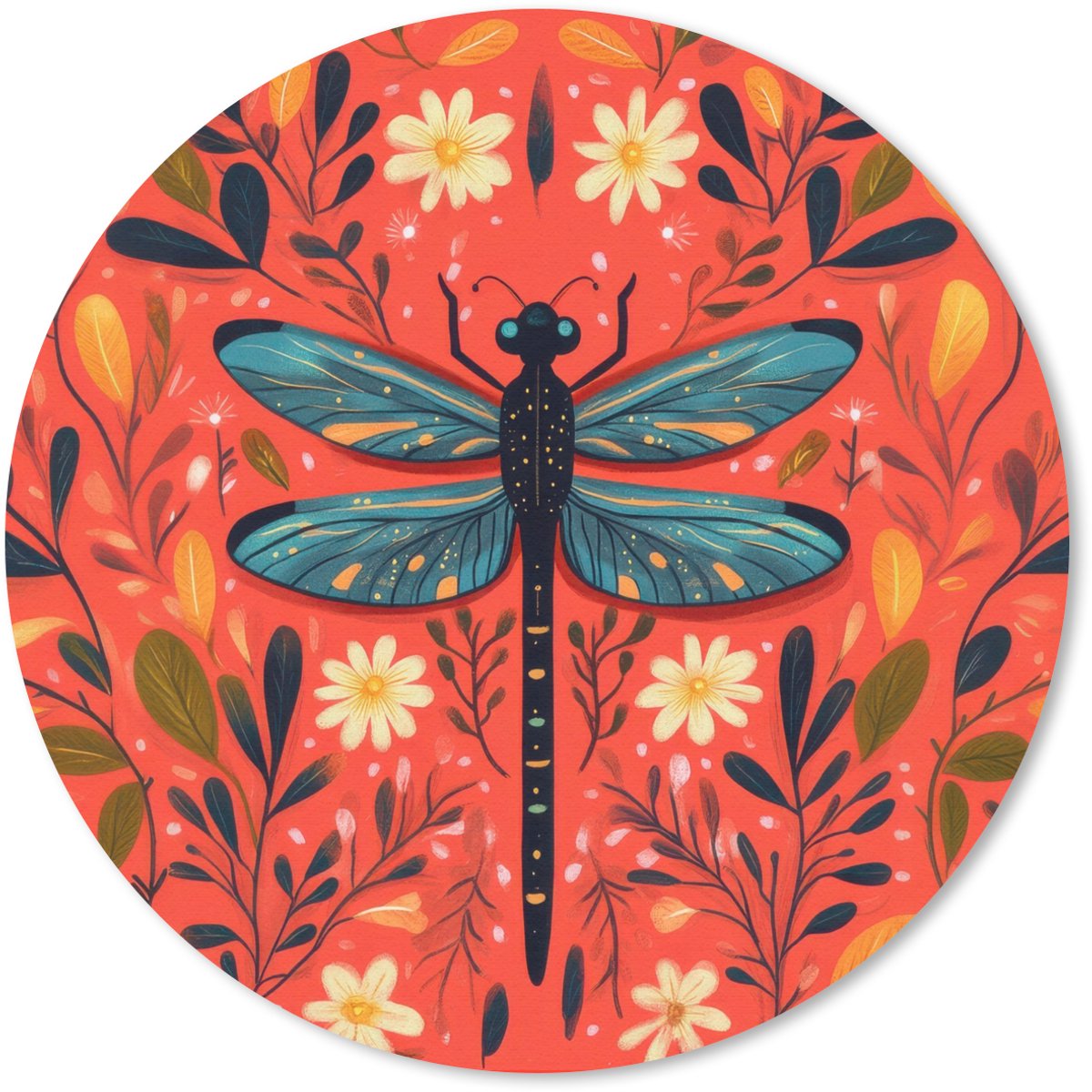 Muismat rond 30x30 cm - Mousepad Libel - Blauw - Vleugels - Bladeren - Ronde muismatten