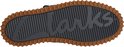 Zool van een blauwe suède schoen met Clarks logo.