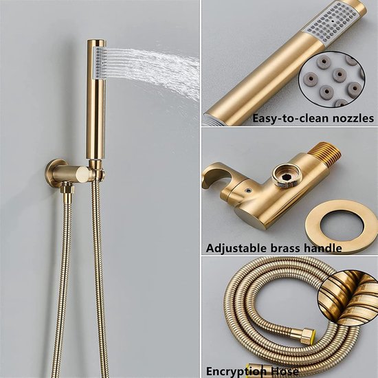 Gouden handdouche met makkelijk te reinigen sproeiers, verstelbare messing handgreep en gevlochten slang.