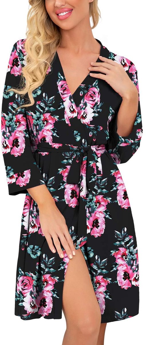 Dames Badjas - Korte Kimono-stijl Zacht Lichtgewicht Gebreide Stof Met V-hals - Voor Thuis en op Reis - Zwarte Bloemenprint Maat S