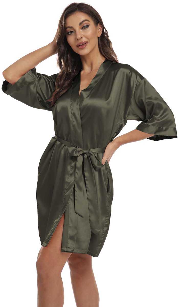 Satijnen Kimono Morgenmantel - Kort model met V-hals, 3/4 mouwen, ceintuur en zakken - Dames - Groen XXL