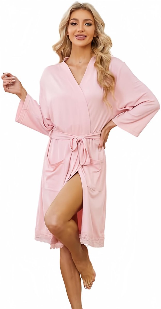 Dames Morgenjas - Lichtgewicht, Zacht en Kort - Met Kant en 3/4 Mouwen - Lichtroze - 2XL