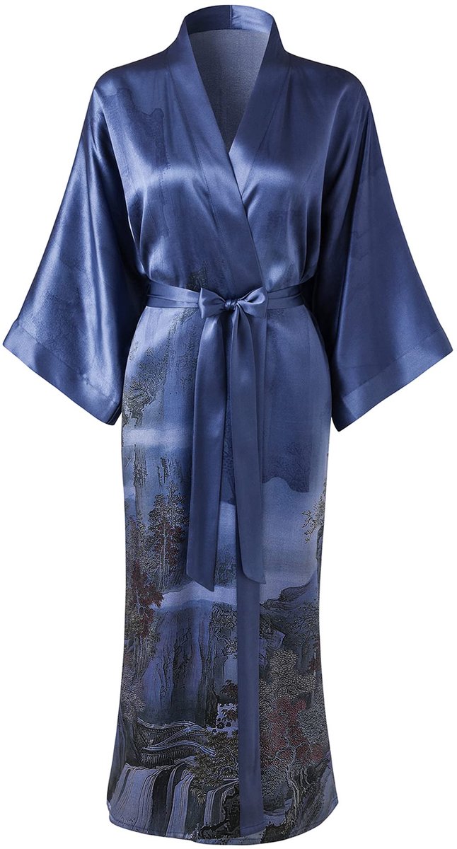 Dames Kimono Morgenjas - 100% Zijde - Klassiek Bloemenpatroon - Landschapsgrijs Blauw