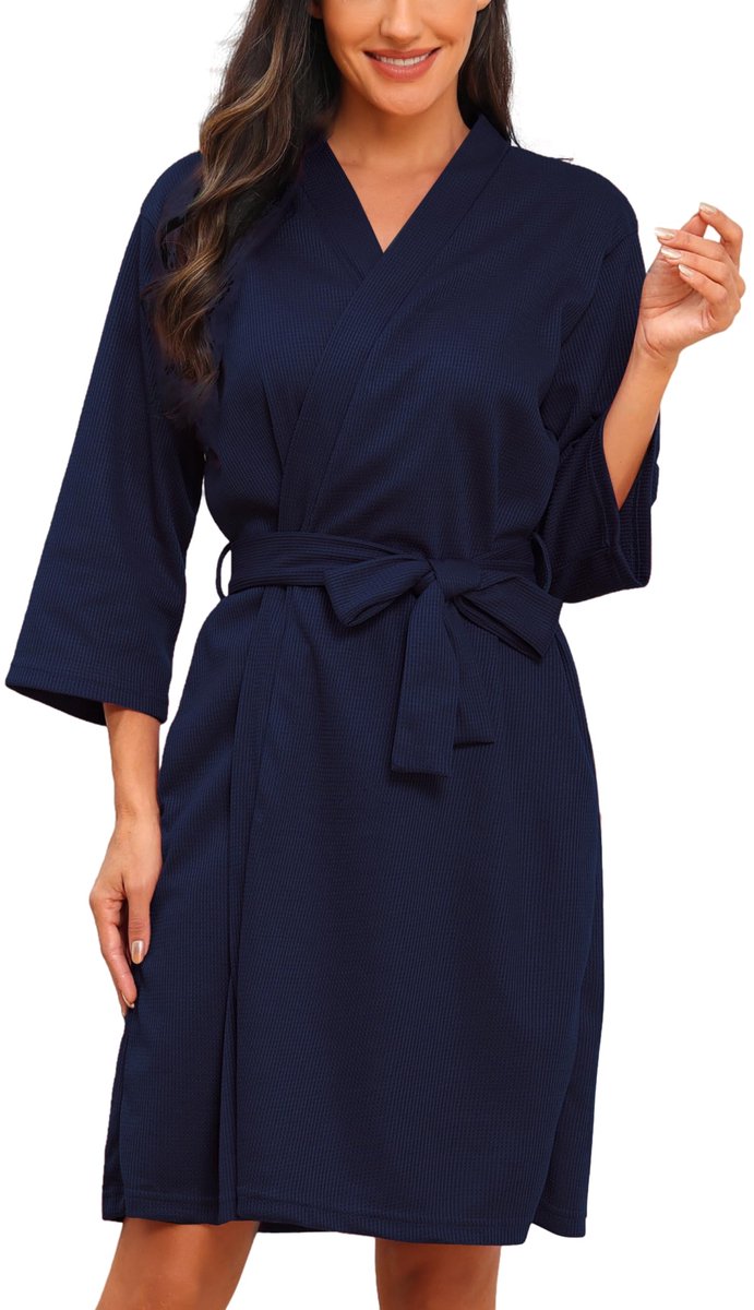 Dames Badjas - Zachte Wafelstof - Lichtgewicht - 3/4 Mouwen - Knielengte - Met Ceintuur en Zakken - Voor Thuis & Sauna - Marineblauw XL