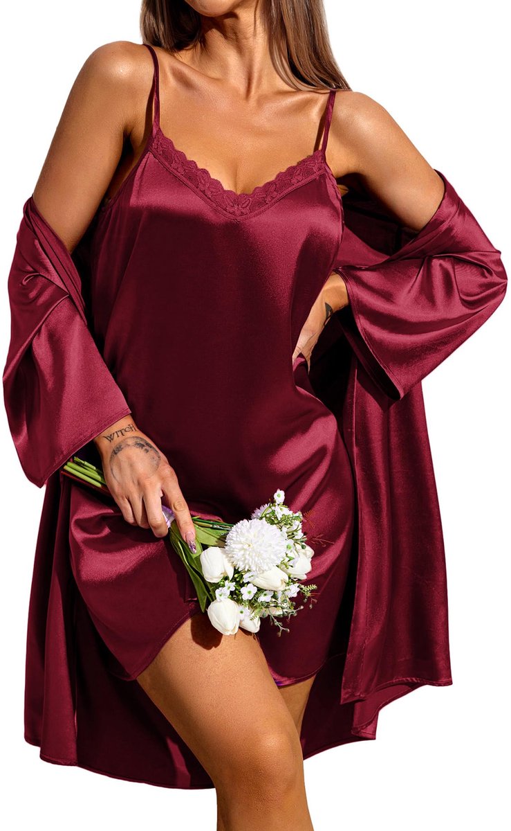 Dames Nachtkleding Set - Tweedelig Satijnen Morgenjas & Pyjama - Voor Loungewear - Rood XXL