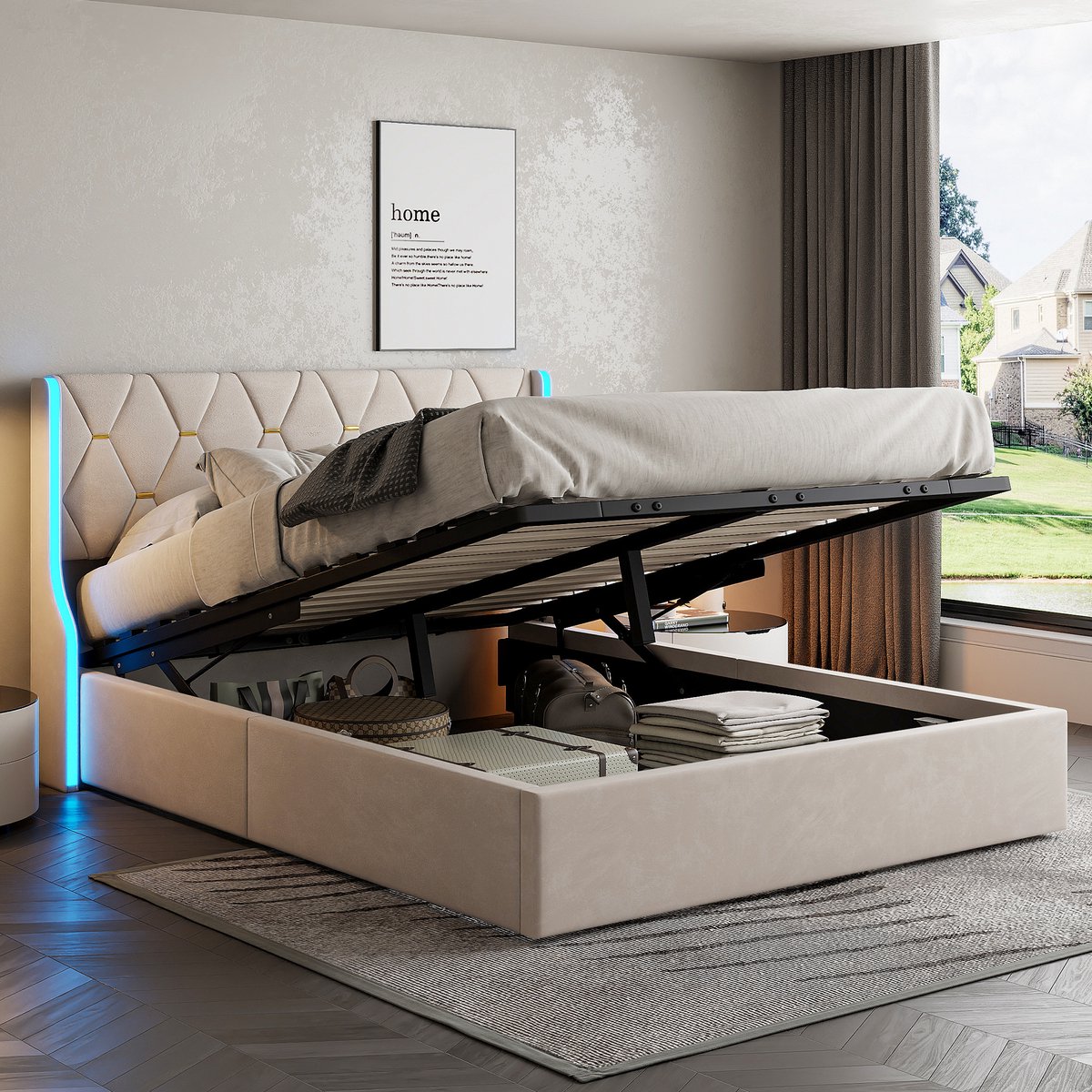 Tweepersoonsbed 140x200 cm met LED-verlichting, Hydraulisch opbergbed met lattenbodem en opbergruimte, fluweel