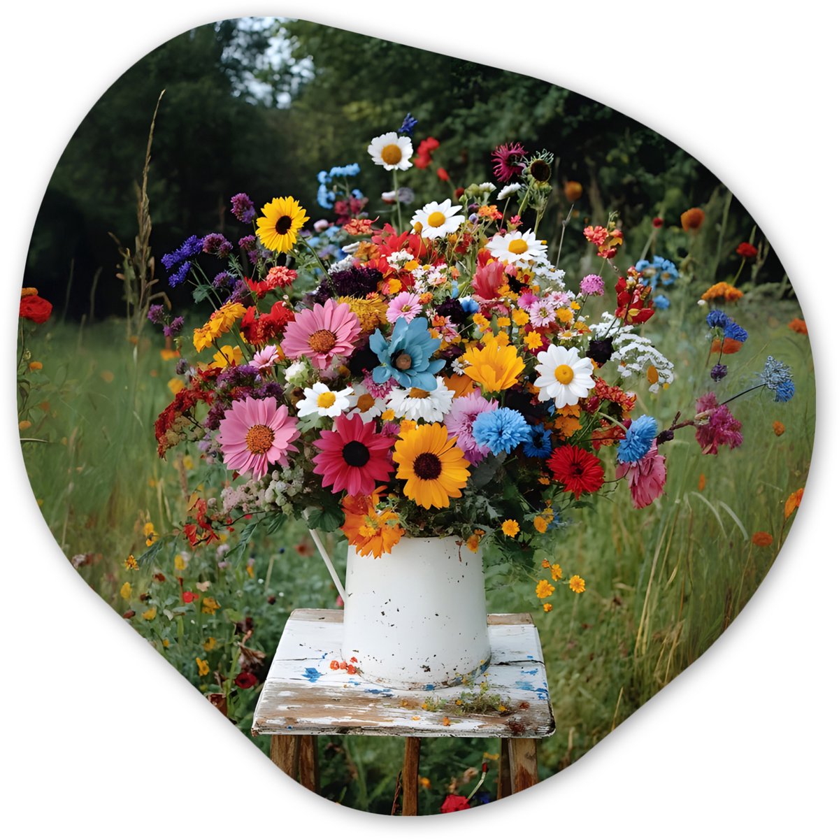 Organische wanddecoratie 40x40 cm - Organisch schilderij Bloemen - Krukje - Gieter - Veld 