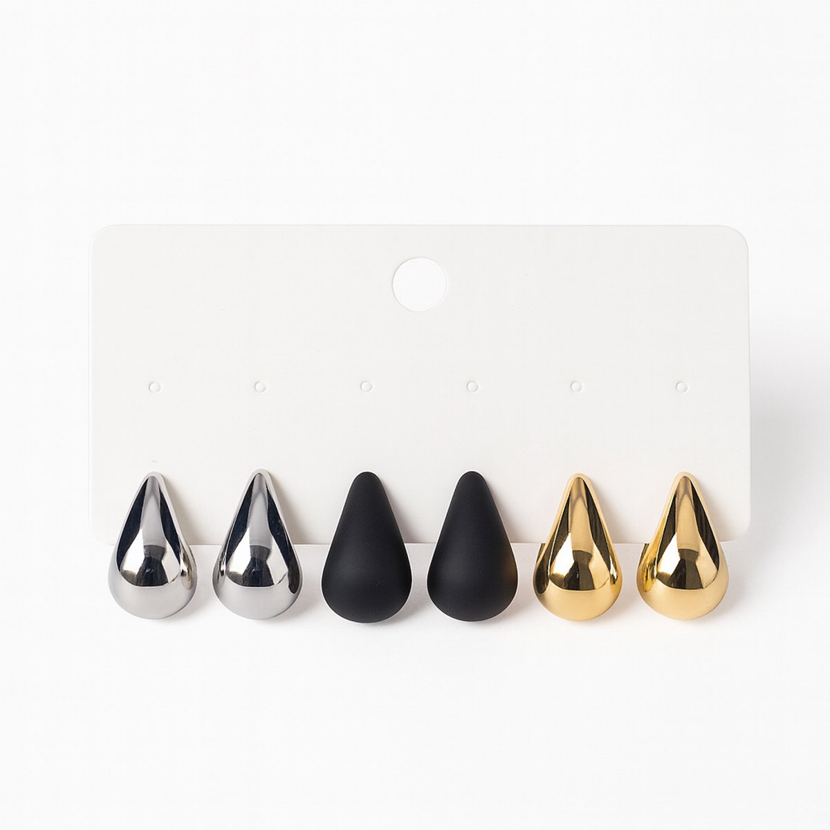 Set van 3 paar moderne oorbellen voor dames – Druppelvormige stekers in zwart, zilverkleurig en goudkleurig – Mat en glanzend design – Oorbellen van ca. 2,3 cm