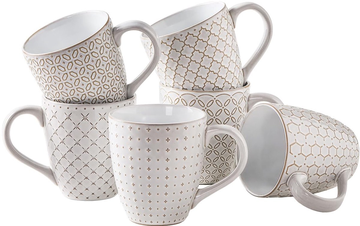 Porseleinen Koffiemokken Set - Grote mokken met reliëfpatroon in landelijke stijl - Voor koffie, melk, thee & cacao - 6 stuks - 560 ml