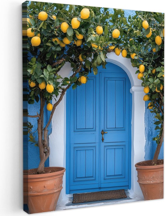 Tuinschilderij voor buiten 50x70 cm - Tuindecoratie Citroenbomen - Geel - Deur - Potten - Tuinposter op canvas - Tuin muurdecoratie - Buitenschilderij decoratie - Schutting wanddecoratie - Buitencanvas
