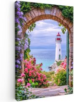 Tuinschilderij voor buiten 60x90 cm - Tuindecoratie Doorkijk - Vuurtoren - Bloemen - Uitzicht - Tuinposter op canvas - Tuin muurdecoratie - Buitenschilderij decoratie - Schutting wanddecoratie - Buitencanvas