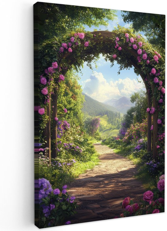 Tuinschilderij voor buiten 100x150 cm - Tuindecoratie Doorkijk - Rozenboog - Uitzicht - Landschap - Bloemen - Tuinposter op canvas - Tuin muurdecoratie - Buitenschilderij decoratie - Schutting wanddecoratie - Buitencanvas