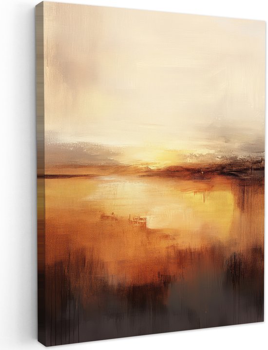 Peinture abstraite dans des tons chauds d'automne, brun et orange, avec un reflet dans l'eau sous un ciel clair.