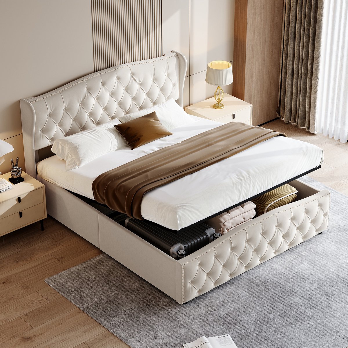 Elegant boxspringbed 160x200cm met lattenbodem, hydraulische opbergruimte. Gestoffeerd in wit fluweel, ideaal voor slaapkamer of jeugdkamer