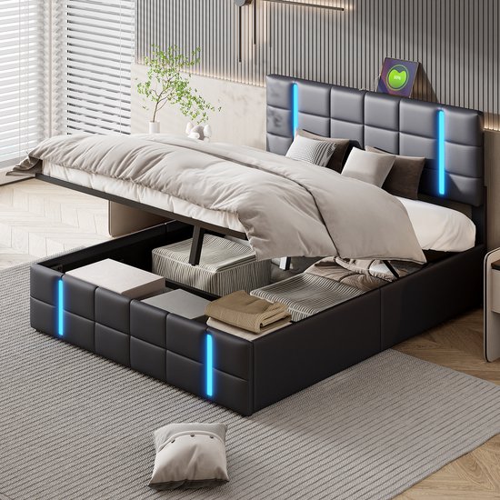 MISNODE Bed 140 x 200 cm, met lattenbodem en opbergruimte, bed 140 x 200 cm, met 4 laden, bedframe met ledverlichting en 2 USB, 1 type C, gestoffeerd bed, bed voor volwassenen (beige 140