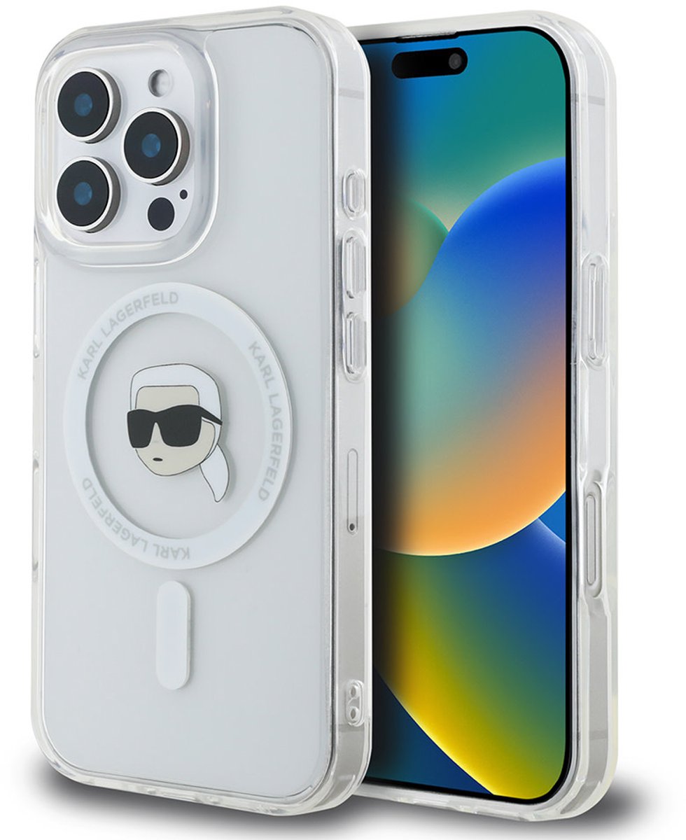 Karl Lagerfeld iPhone 16 Pro Backcover hoesje Magsafe IML metal KC heads - Wit