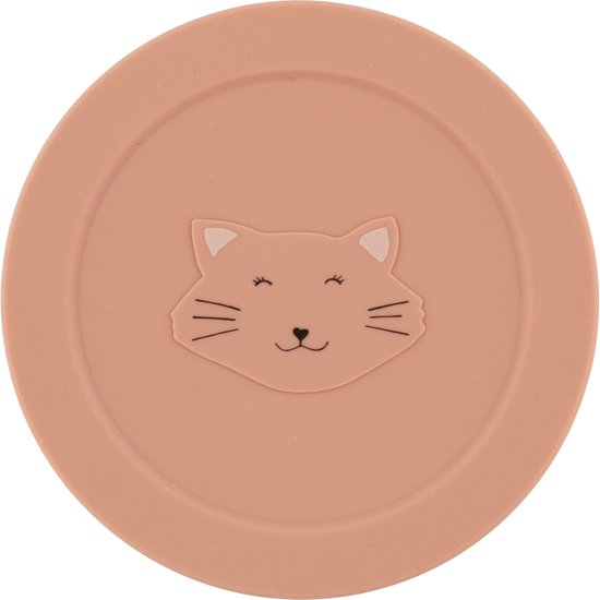 Een lichtroze deksel van siliconen met daarop een schattig slapend kattengezichtje.
