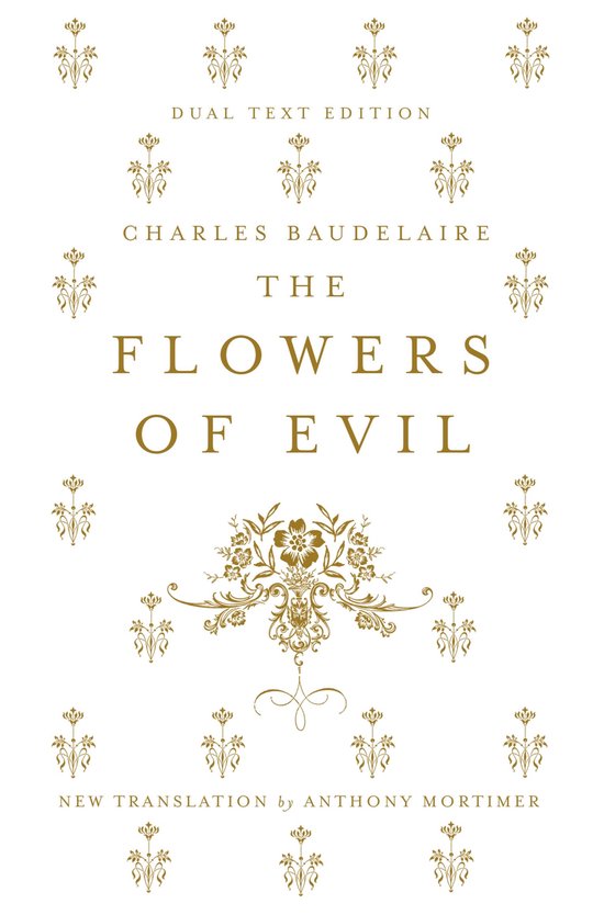 Couverture du livre 'The Flowers of Evil' en lettres dorées sur fond blanc, avec ornements dorés.