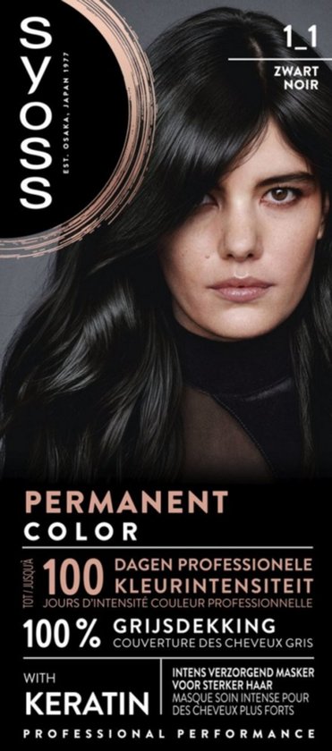 Model met lang, glanzend zwart haar en bruine ogen. De verpakking toont 'SYOSS PERMANENT COLOR 1-1 ZWART NOIR'.
