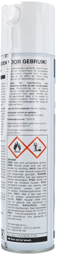 Spuitbus met gedetailleerde tekst en waarschuwingssymbolen. Het etiket bevat informatie en het HG logo.