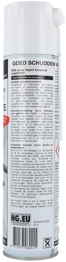 Spuitbus met oranje en witte opdruk, tekst 'HGX spray tegen kruipend ongedierte' en afbeeldingen van insecten.
