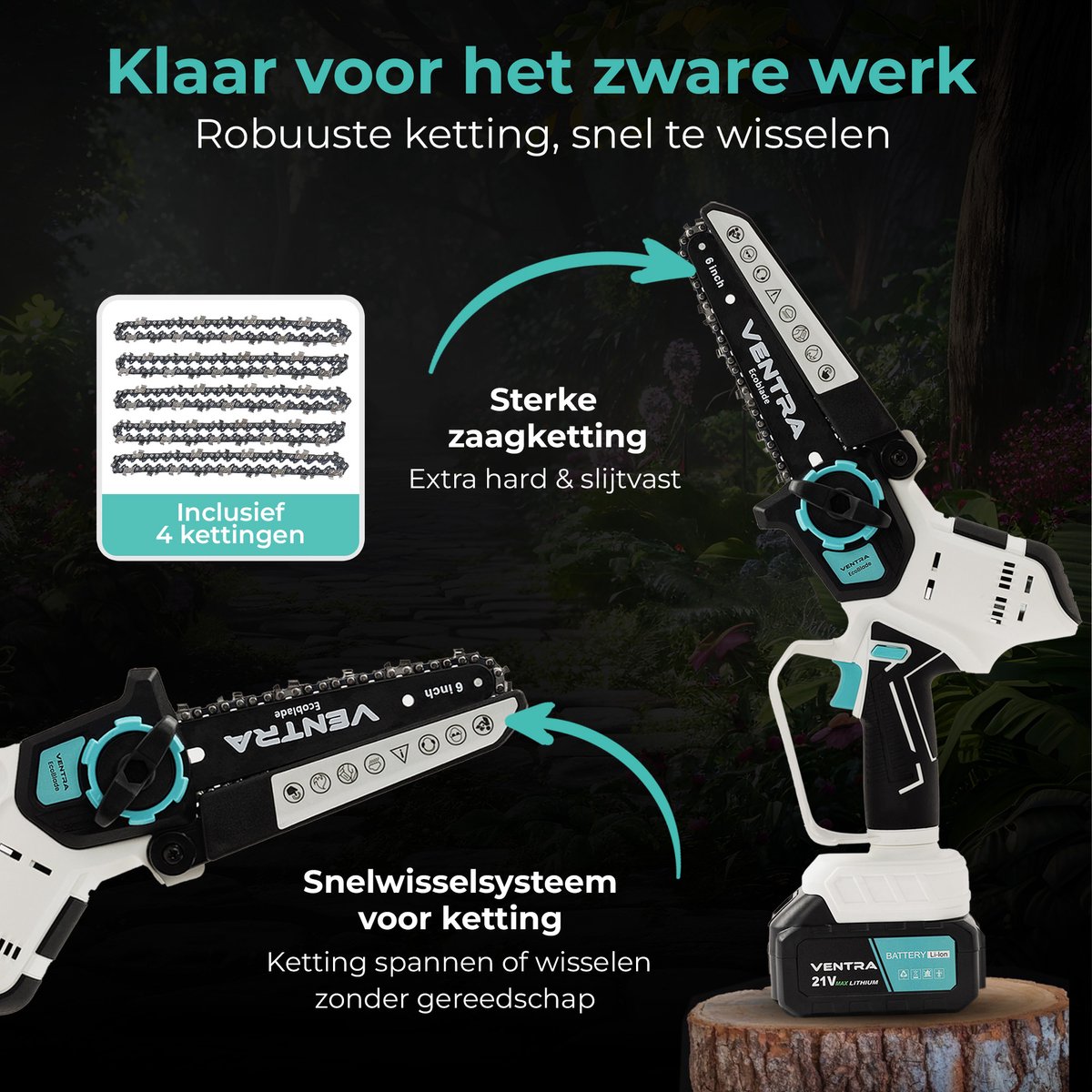 VENTRA Mini Kettingzaag 21V – 2 accu's & 4 kettingen thumbnail 2