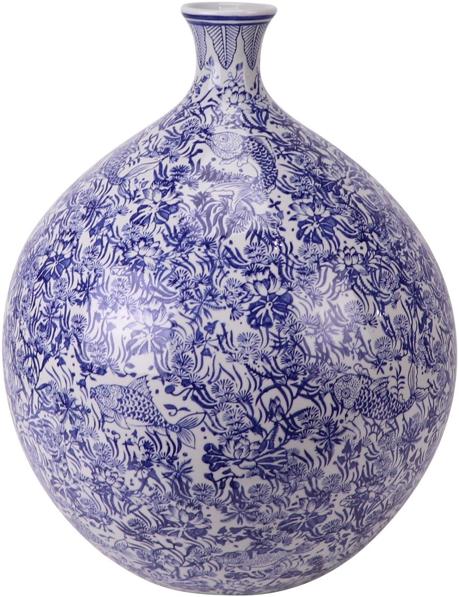 Fine Asianliving Chinese Vaas Porselein Blauw Wit Koi Vissen Handgeschilderd D36xH44cm Blauw, Wit