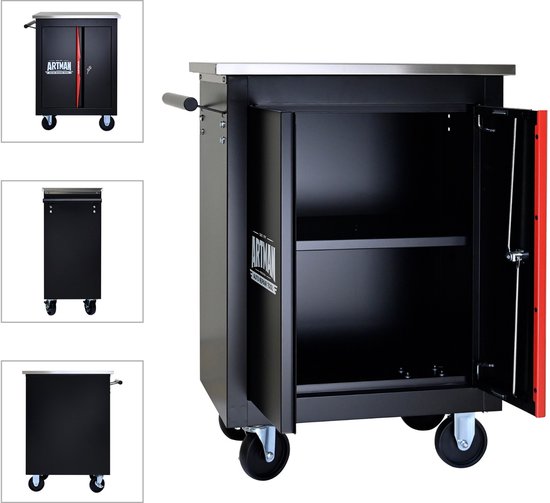 Armoire à outils Artman avec Portes – Zwart/Rouge – Avec serrure et roulettes – Rangement d'atelier robuste