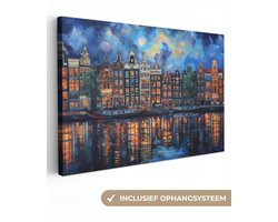 Canvas schilderij 140x90 cm - Exclusieve wanddecoratie Grachten Amsterdam - Huizen - Stad - Kleurrijk - Muurdecoratie woonkamer - Slaapkamer decoratie - Kamer accessoires - Schilderijen op canvas