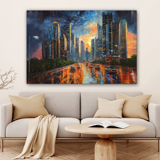 Tableau sur toile 140x90 cm - Décoration murale exclusive Voiture - Bâtiments - Soleil - Blauw - Décoration murale salon - Décoration chambre - Accessoires chambre - Peintures sur toile