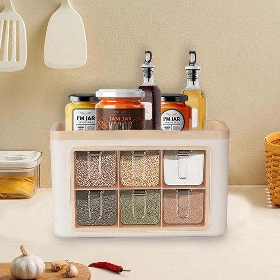 Kruidenbox met 4 vakken, transparant kruidenpotje, kruidenhouder, herbruikbare kruidenpotjes, vochtbestendige kruidenpotjes met deksel en lepel, keukenflessen