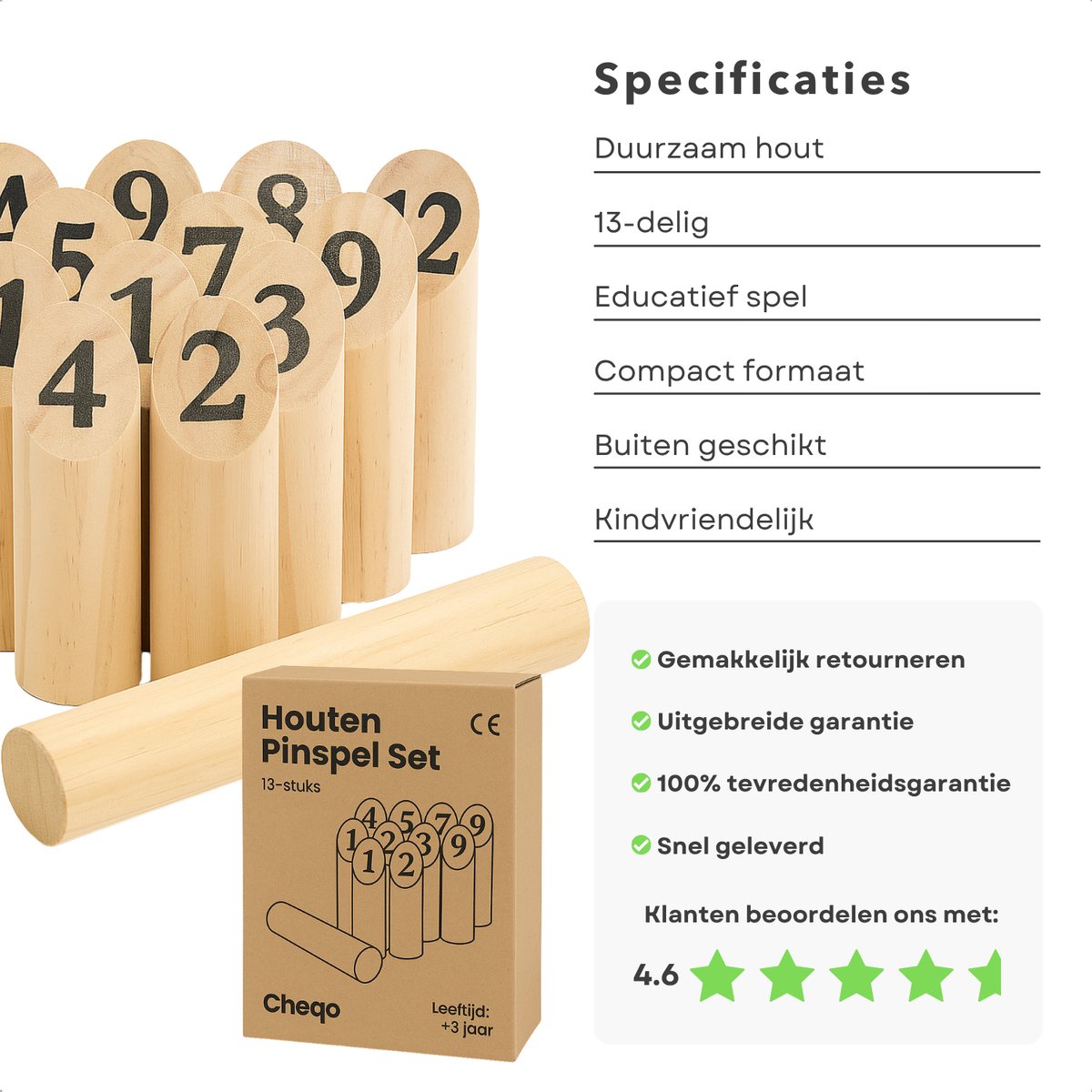 Cheqo® Houten Werp Spel - Kubb Spel - Fins Werpspel - 13-Delig Werpspel - Voor Tuin en Park - Massief Hout — afbeelding 4