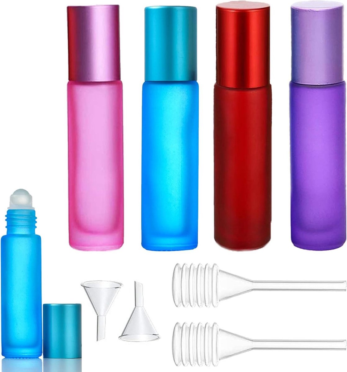 Image of 4 stuks lege roll-on flessen voor etherische oliën - set van 4 rollerflessen voor thuis en op reis - inclusief roestvrijstalen roller - geschikt voor lotions en parfums.