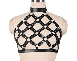 BDSM Body Harnas voor Vrouwen – Zwart Bondage Harnas met verstelbare Halsband en Rugriemen – Erotische Leren Lingerie
