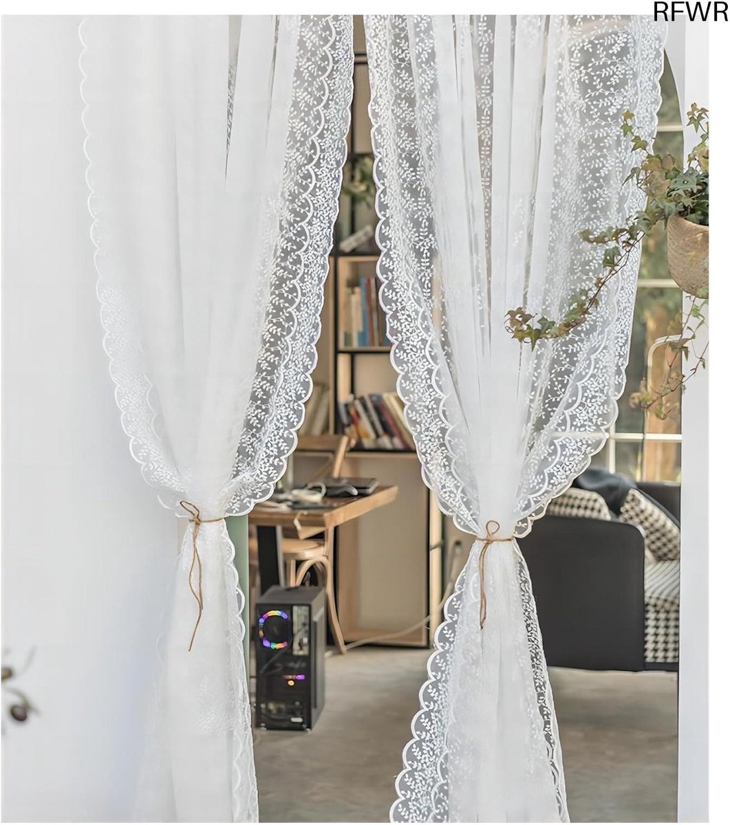 RFWR Delicate doorschijnende vitrage met kanten design voor landelijke stijl, 120x130 cm Wit met plooiband