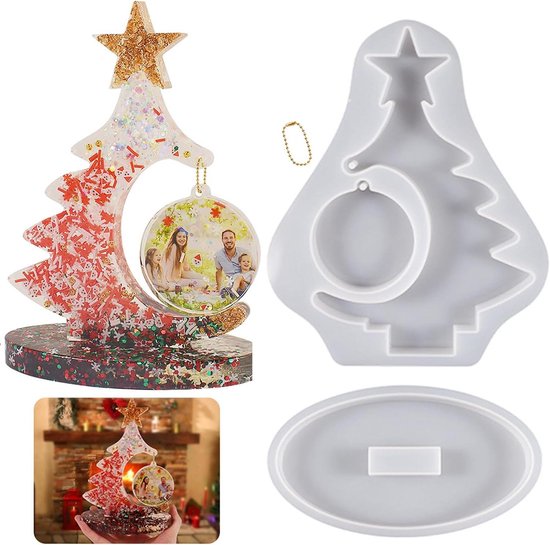 Allecto Plus - Moule en Siliconen pour cadre photo d'arbre de Noël, Moules en résine époxy, décoration d'arbre de Noël, cadre photo en résine époxy avec cintre pour DIY, artisanat, maison, célébration de Noël.