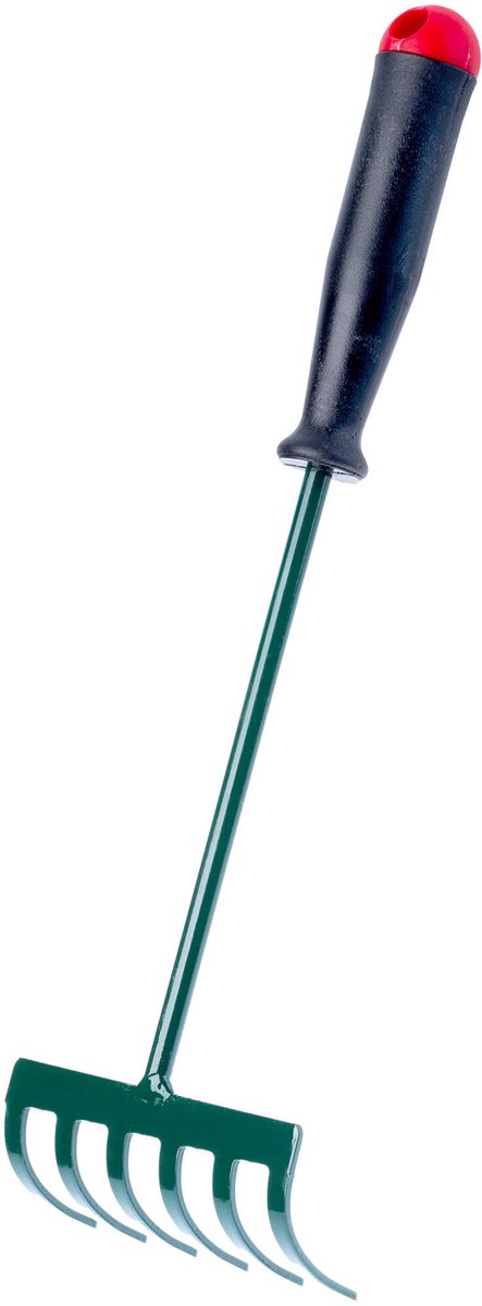 KADAX Hark, kleine hark met steel, bladbezem van metaal, bladhark voor tuin, bloembed, gazonhark, tuingereedschap, hooikoork, tuinhark, groen (30 cm, 6 tanden)
